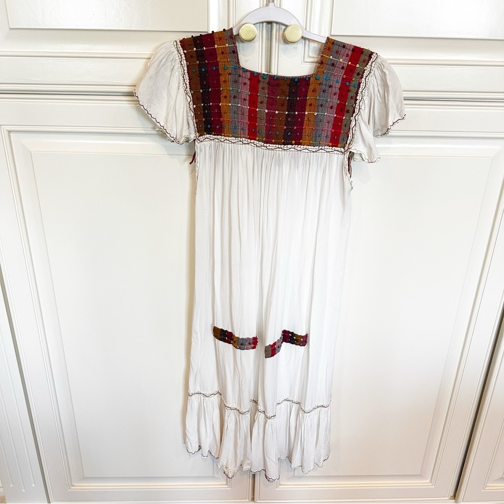 Mexican Chiappas Hand Embroidered Soft Natural Cotton Midi Dress Mayan Style HTF